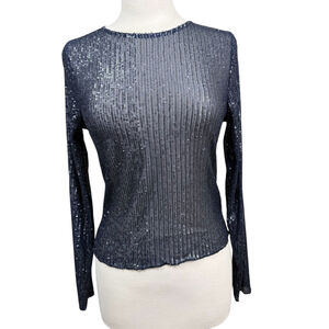 Lucky Brand Navy Sequin Long Sleeve Knit Top Size Medium